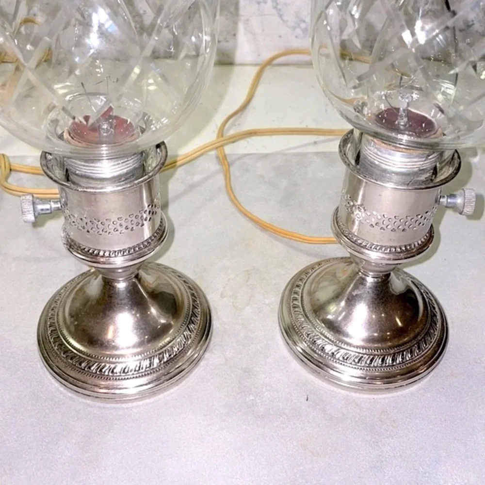 Sterling Silver Etched Electric Hurricane Lamps Candlesticks Matching Pair of 2